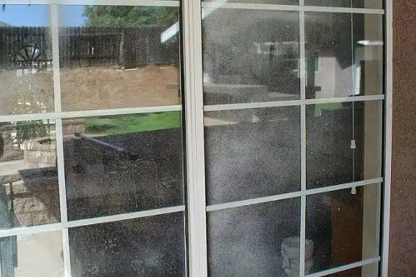 Before: A glass window with faux french panes with dirt and paint splattered on the glass, shows outdoor and indoor reflections, including a grassy yard and wooden fence.