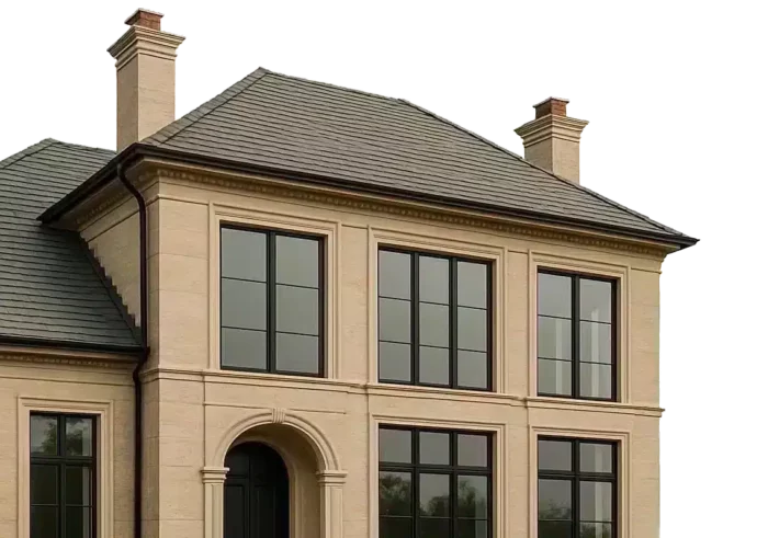 A modern two-story house with beige stone exterior, large black-framed windows, a central arched doorway, and two prominent chimneys.