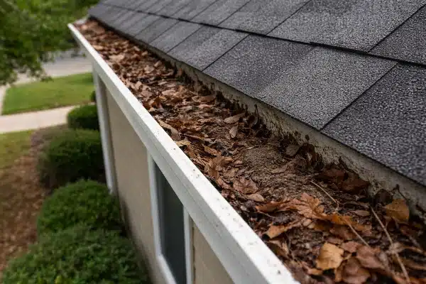 Before: A house gutter filled with dead leaves and debris, running along the edge of a roof with dark gray shingles, highlights the need for gutter cleaning and maintenance. Shrubs and grass are visible below.