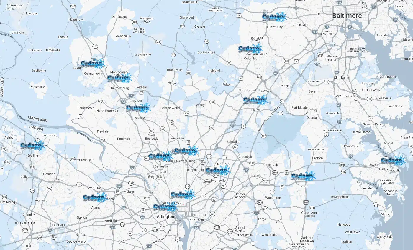 Map of the Washington, D.C. area with labeled locations marked in blue, showing various points of interest.